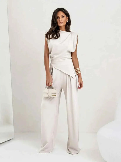 Slit Ruched Top and Wide Leg Pants Set