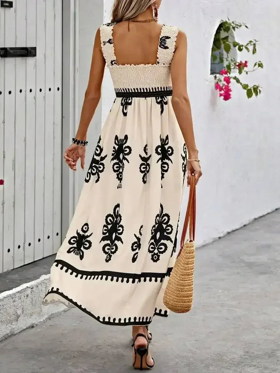 Black Boho Print Smocked Ruffle Sleeveless Maxi Dress