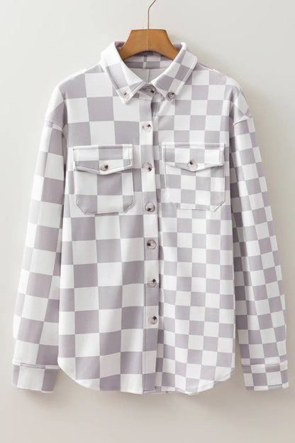 Khaki Checkerboard Shacket | Button Front Flap Pocket Jacket -Femstylo