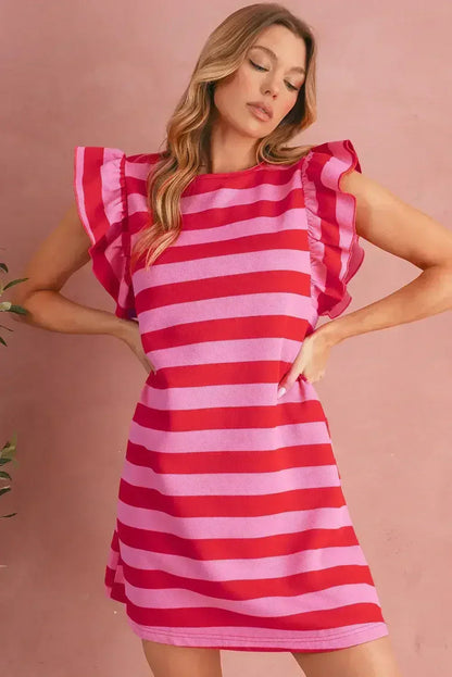 Black Stripe Flutter Sleeve Round Neck Shift Mini Dress
