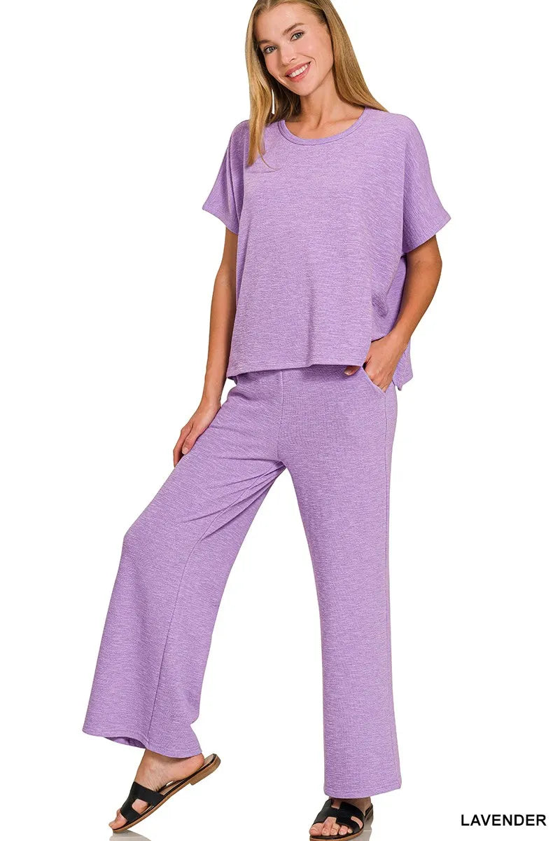 Zenana Cotton Slub Top & Pants Set in Lavender