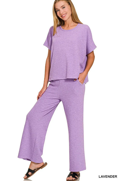 Zenana Cotton Slub Top & Pants Set in Lavender