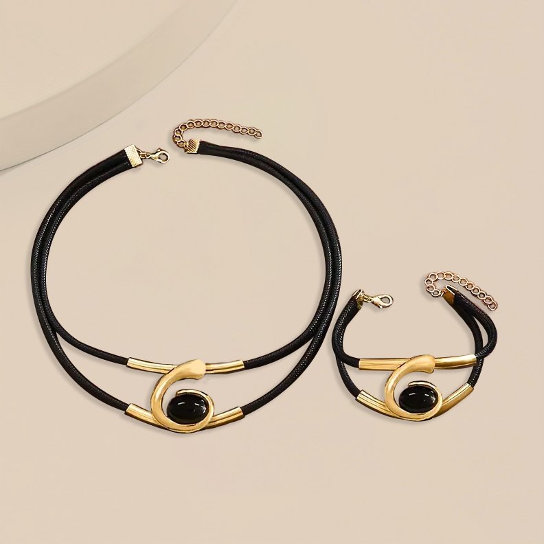 Modern Elegance Black and Silver Leather Choker and Bracelet Combo