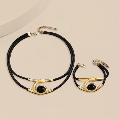 Modern Elegance Black and Silver Leather Choker and Bracelet Combo