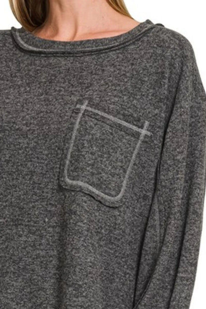 Zenana Brushed Hacci Hi-low Round Neck Knit Top