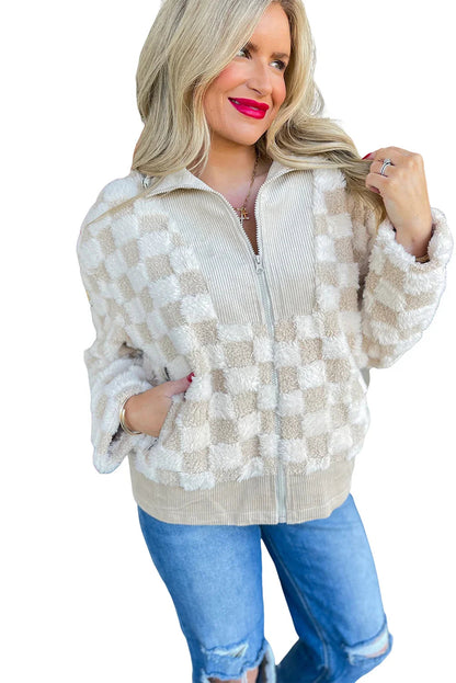 Khaki Checkered Sherpa Jacket | Corduroy Patchwork Zip-Up - Femstylo