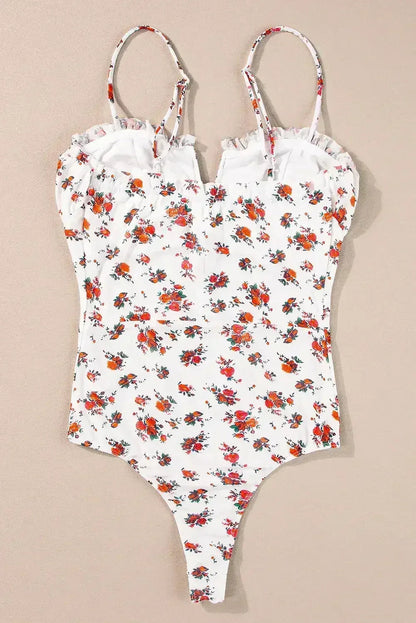 White Floral V-Cut Mesh Bodysuit with Frill Trim - Femstylo