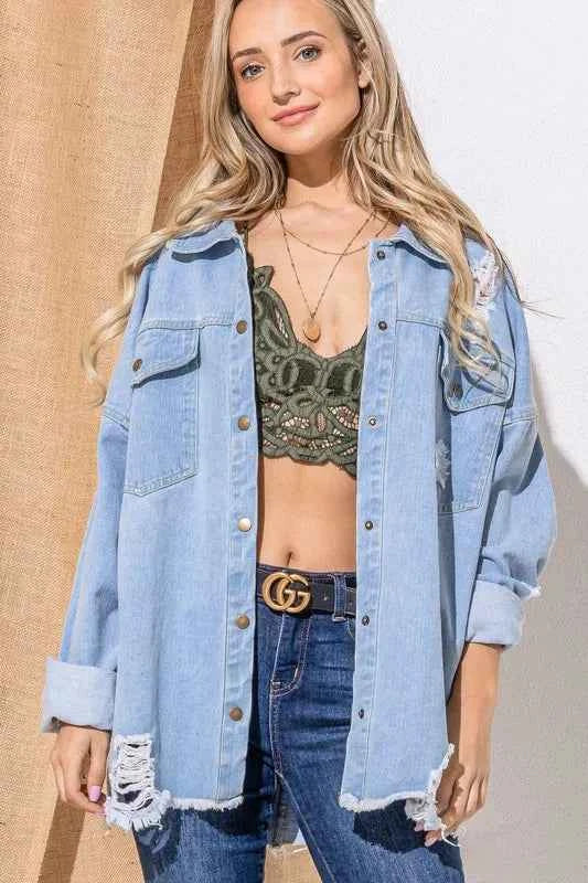 And The Why Front Flap Pocket Ripped Denim Jacket