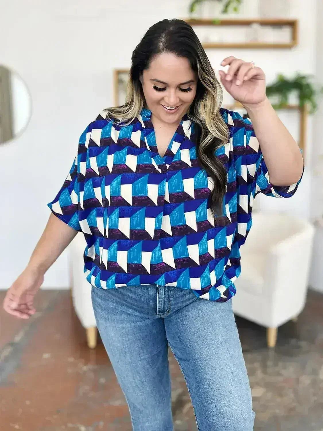 Geometric Notched Sleeve Blouse - Versatile Top | Femstylo
