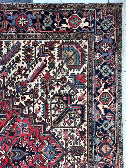 Hand-Knotted Persian Heriz Wool Rug – 9’ x 12’ – Geometric Medallion Design
