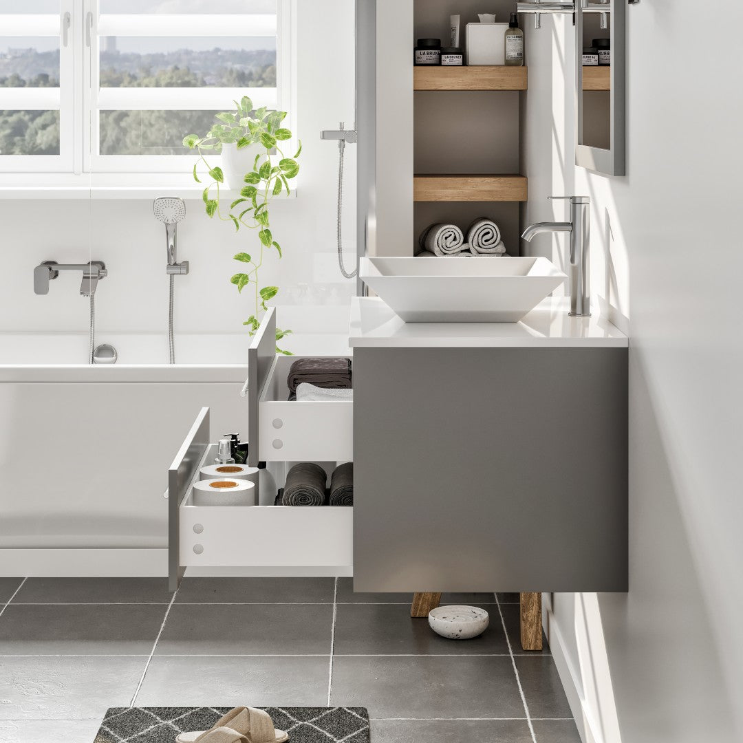Eviva Wave Wall Mount Bath Vanity with White Quartz Top and Vessel Porcelain Sink (24"-72")
