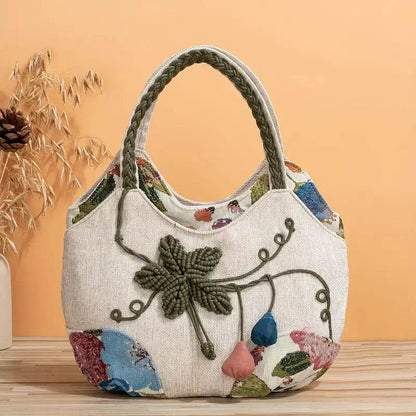 Handmade Bohemian Flower Tote Bag with Foldable Zipper, Shoulder Strap, and Matching Wristlet for Women’s Vacation