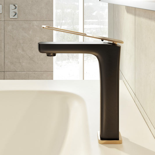 Eviva Rose Single-Handle Waterfall Single-Hole Bathroom Faucet with Gold Handle and Deckplate Included in Matte Black