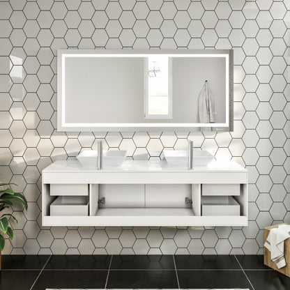 Eviva Wave Wall Mount Bath Vanity with White Quartz Top and Vessel Porcelain Sink (24"-72")