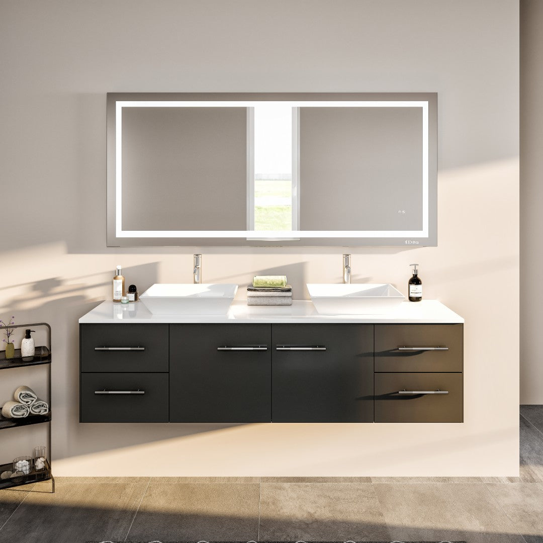 Eviva Wave Wall Mount Bath Vanity with White Quartz Top and Vessel Porcelain Sink (24"-72")