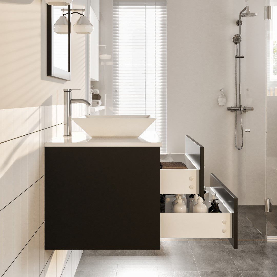 Eviva Wave Wall Mount Bath Vanity with White Quartz Top and Vessel Porcelain Sink (24"-72")