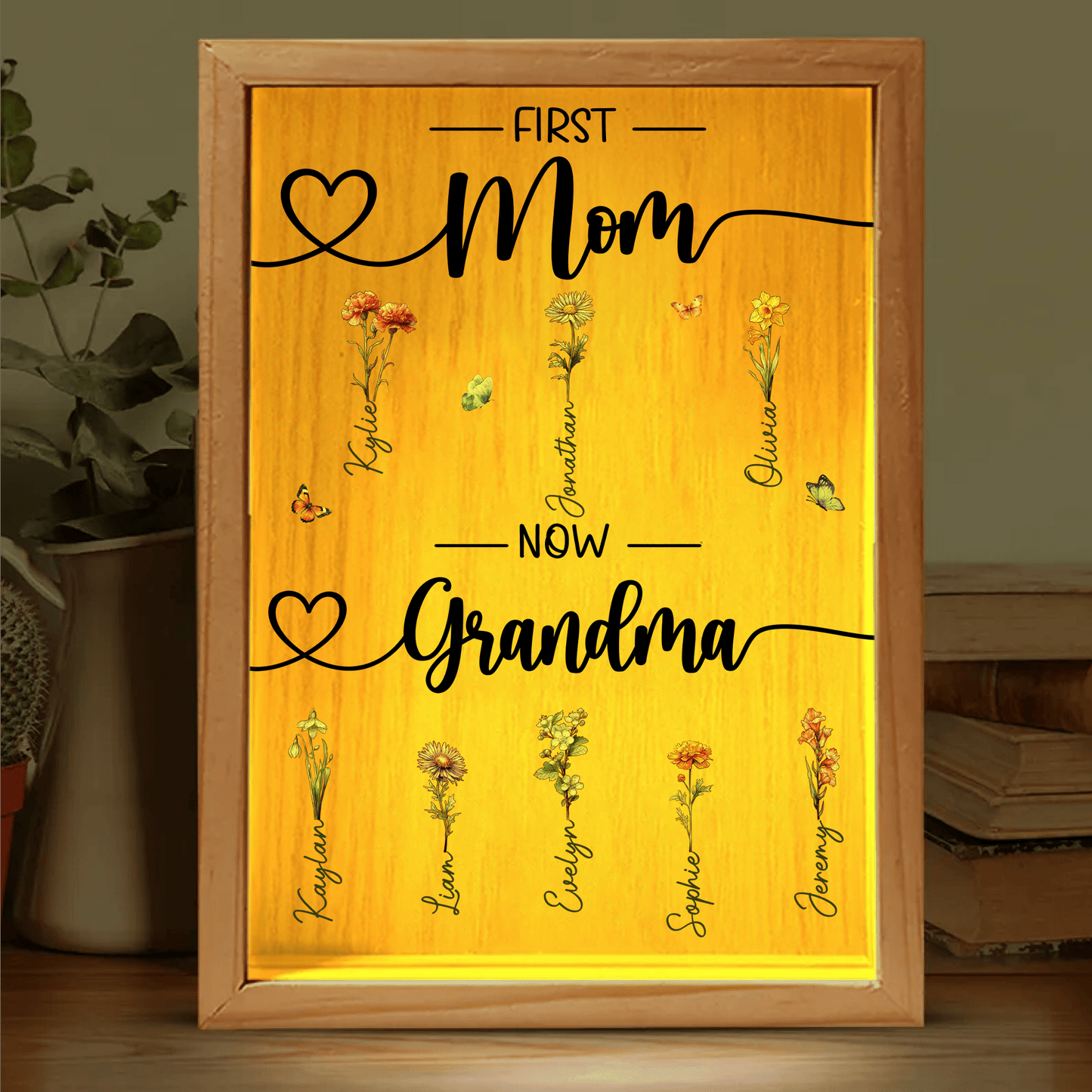 First Mom Now Grandma - Custom Birth Month Flower - Personalized Gift for Grandma - LED Night Lamp, Mother's Day, Birthday | Frame Light Box