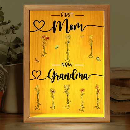 First Mom Now Grandma - Custom Birth Month Flower - Personalized Gift for Grandma - LED Night Lamp, Mother's Day, Birthday | Frame Light Box