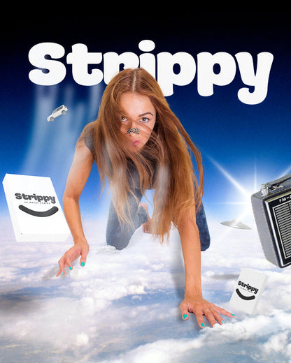 Person climbing out of snow with 'Strippy' branding in the background