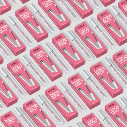 Pattern of Sanae Eyebrow Growth Serum packaging on a pink background