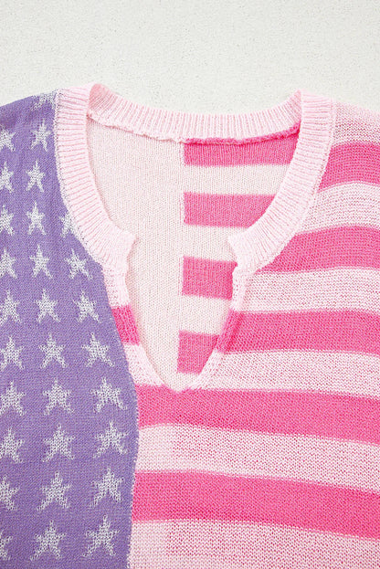 Beige USA Flag Notched Neckline Loose Knit Vest