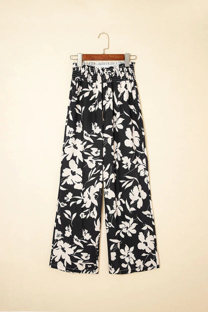 Blue Floral Smocked Frill Waist Wide Leg Pants