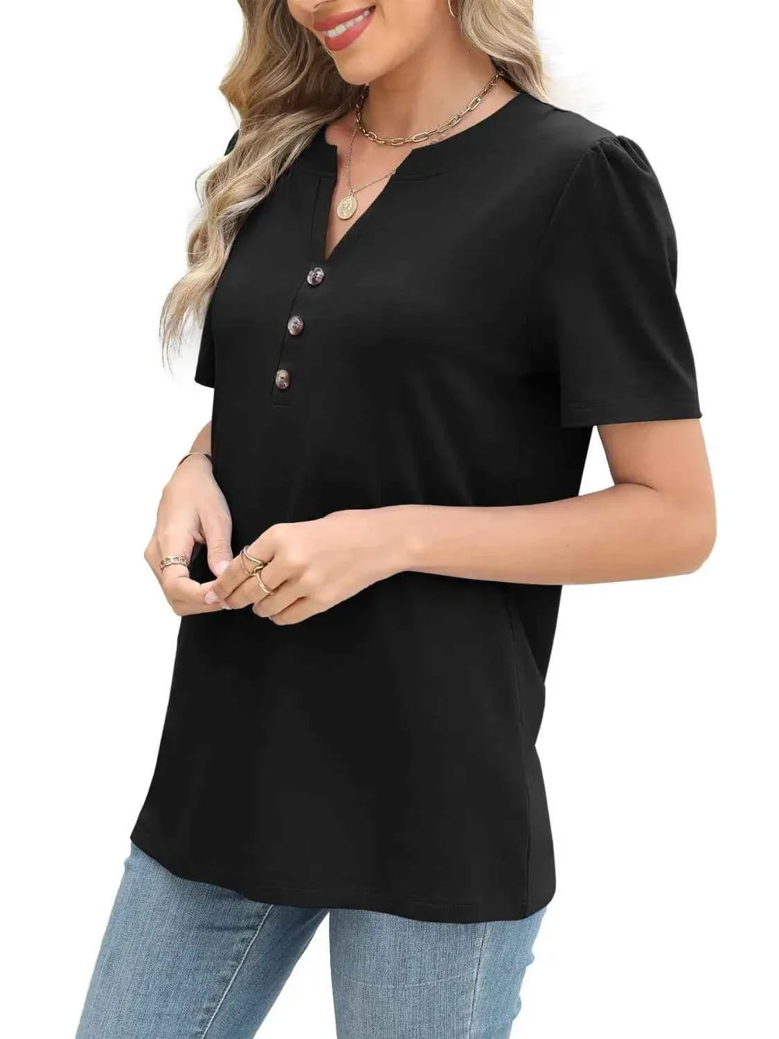 Notched Short Sleeve Women's T-Shirt - Stylish and Comfortable Design