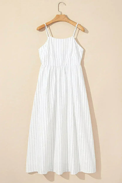 Beige Stripe Spaghetti Strap Pocketed High Waist Maxi Dress