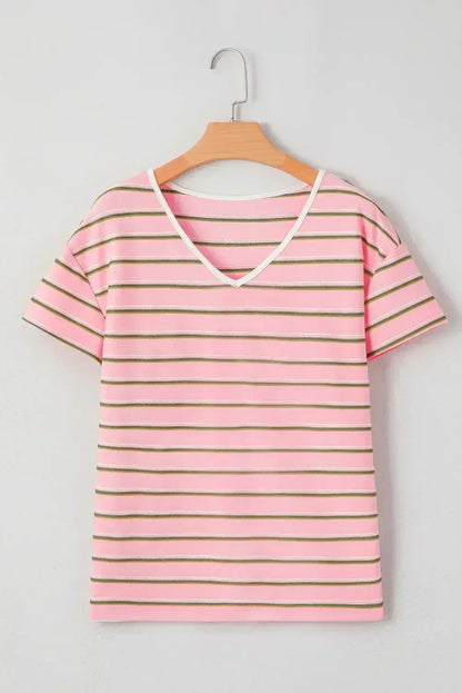 Pink Stripe V Neck Casual T-Shirt