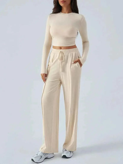 Round Neck Long Sleeve Crop Top and Pants Set