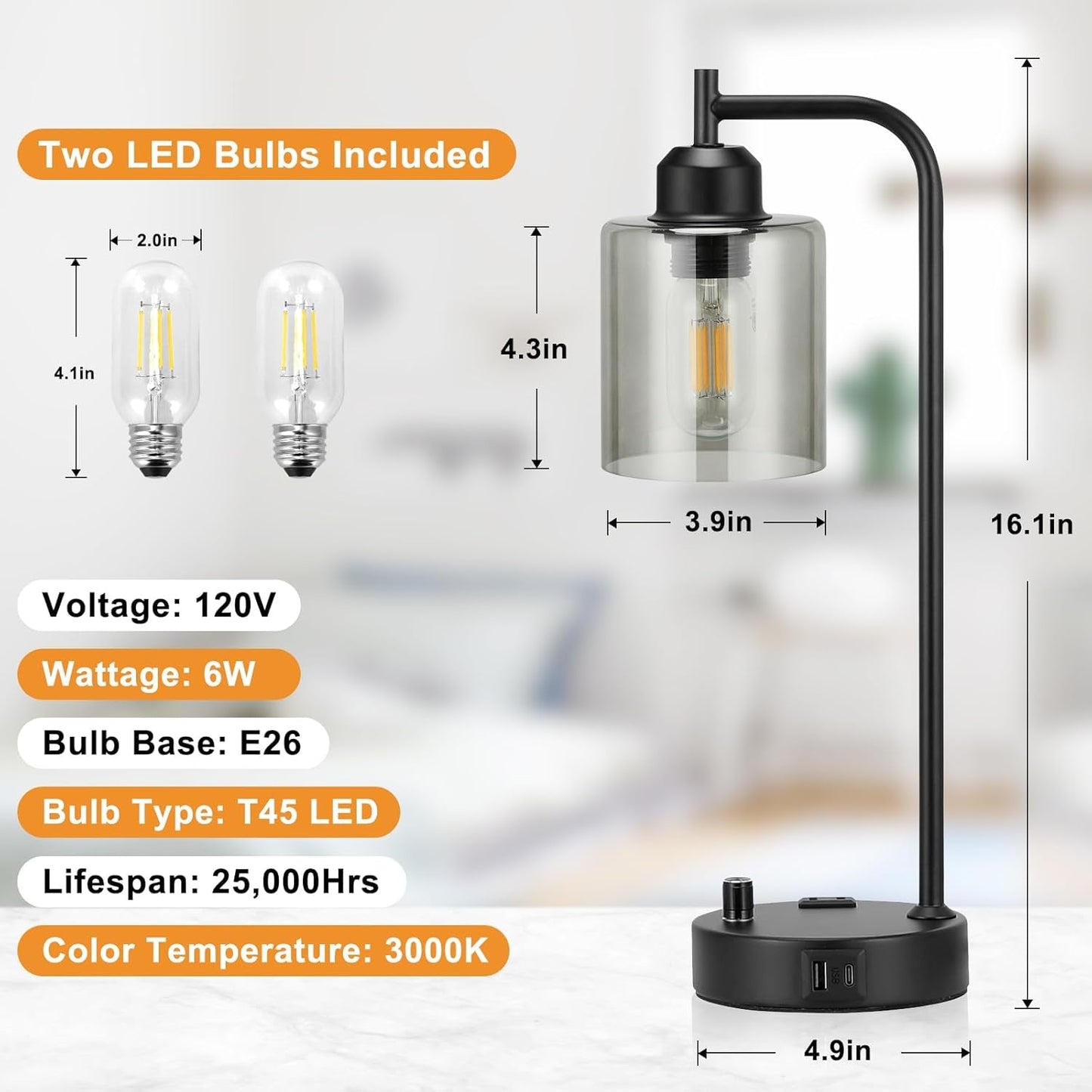 Industrial Desk Lamps for Office Set of 2 - Fully Dimmable Bedside | Lighting | Kitchen + Metal