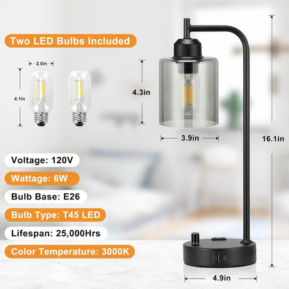 Industrial Desk Lamps for Office Set of 2 - Fully Dimmable Bedside | Lighting | Kitchen + Metal