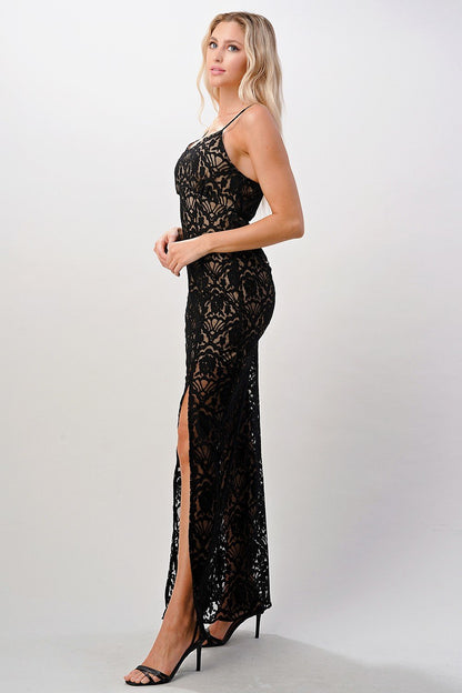 Elegant Black Lace Maxi Dress with Side Slit | Apparel | Kitchen + Metal