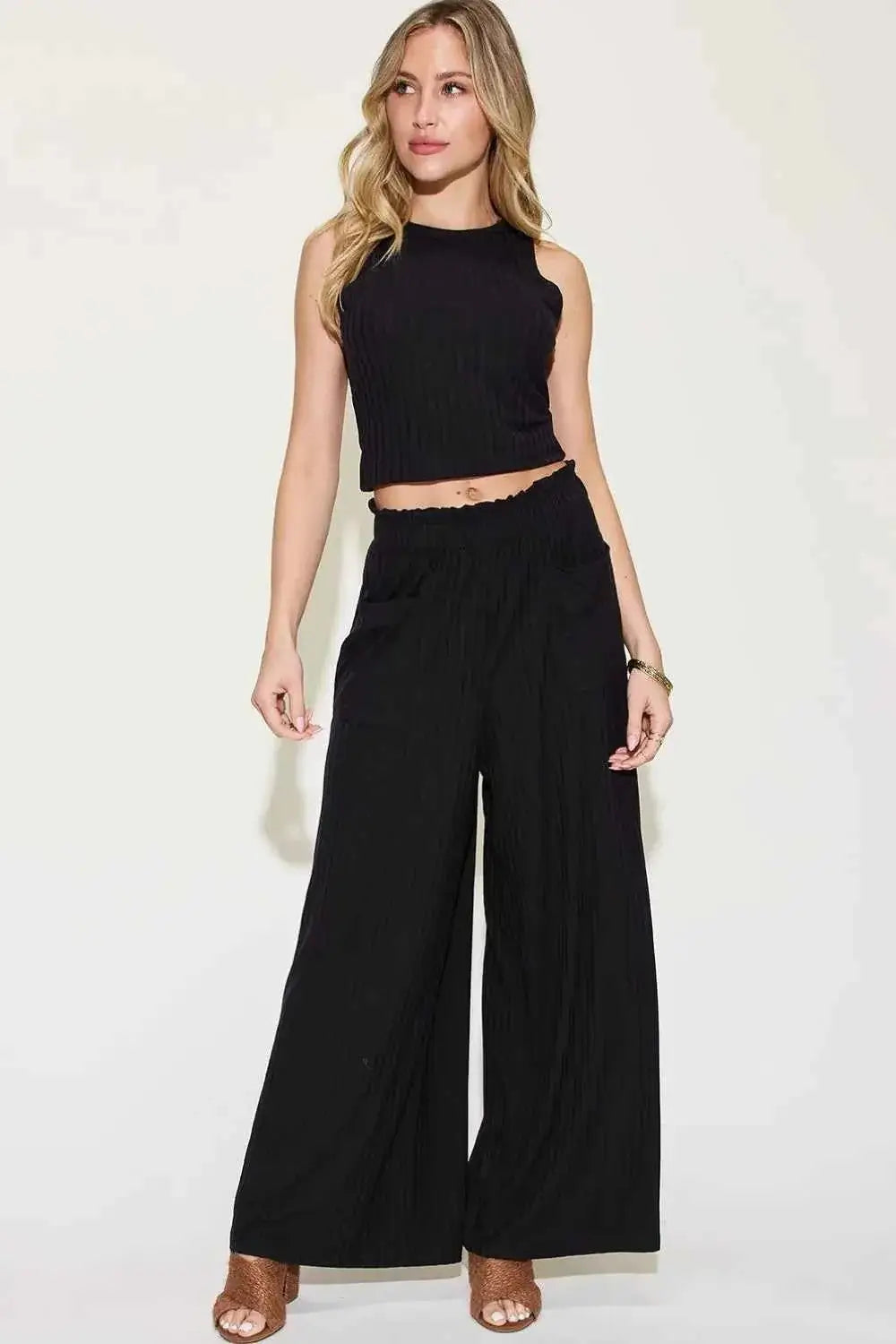 Ribbed Tank and Pants Set with Wide Leg Style