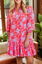 Red Floral 3/4 Sleeve Ruffle Hem Mini Dress