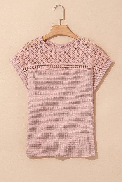 Mist Green Hollow Patchwork Waffle Knit Top