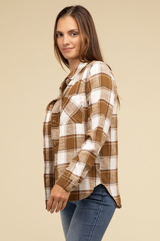 ZENANA Cotton Plaid Shacket With Front Pocket