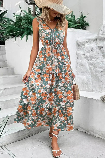 Green Floral Print Trimmed V Neck Sleeveless Vacation Dress
