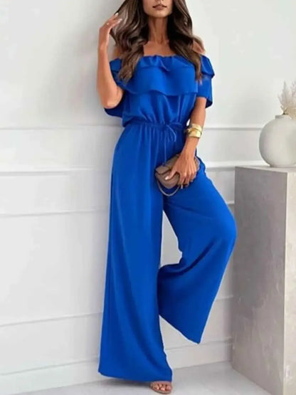 Wide Leg Jumpsuit - Off-Shoulder Ruffled Jumpsuit