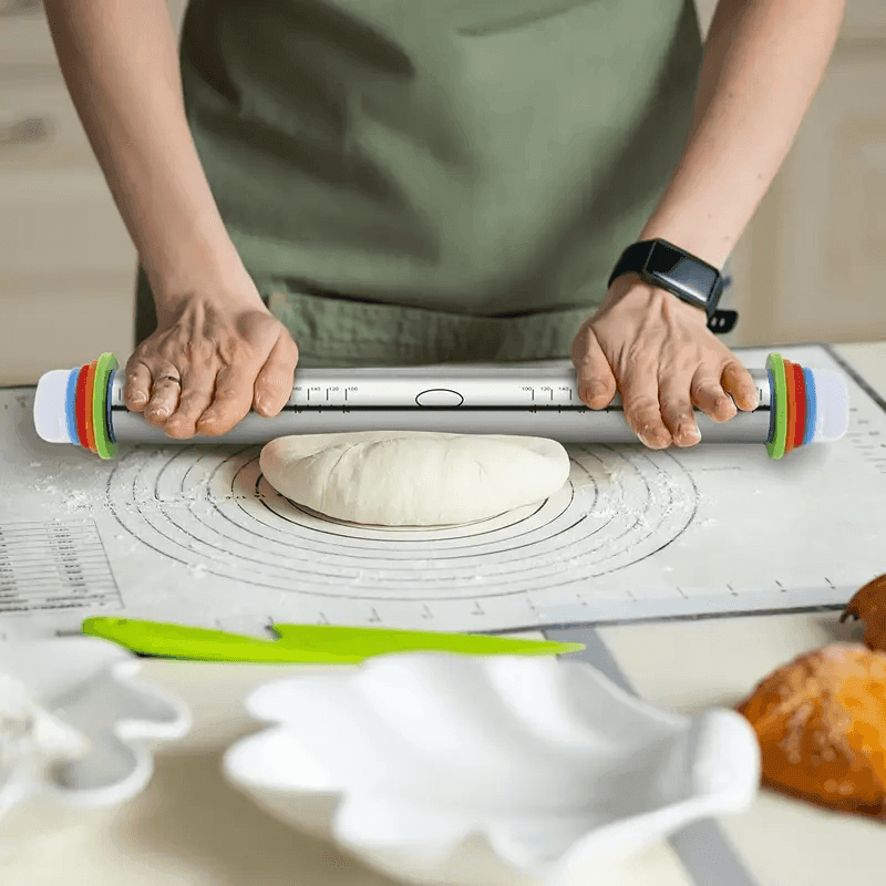 Adjustable Stainless Steel Rolling Pin – 43cm Dough & Fondant Roller with Thickness Rings for Baking & Cake Decorating