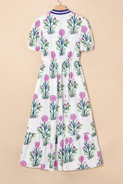 Blue Floral Ruffle Hem Pop of Color Neckline Dress