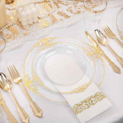 Elegant Gold Rim Plastic Dinnerware Set  50pcs Reusable