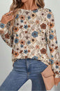 Khaki Floral Print Women's Top - Allover Floral Crew Neck Long Sleeve