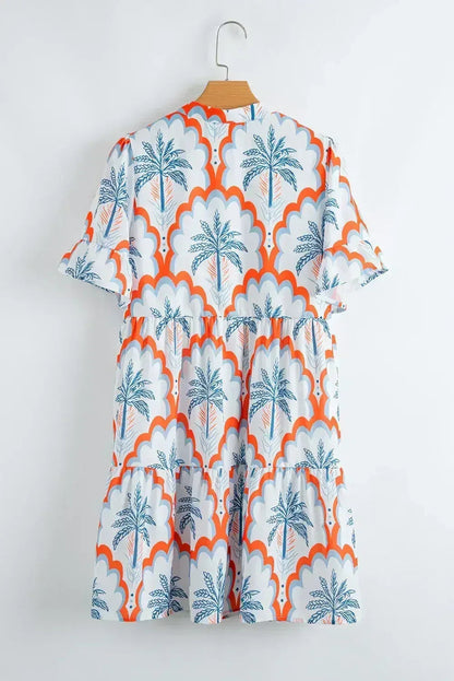 Orange Palm Tree Print Short Sleeve Flowy Dress