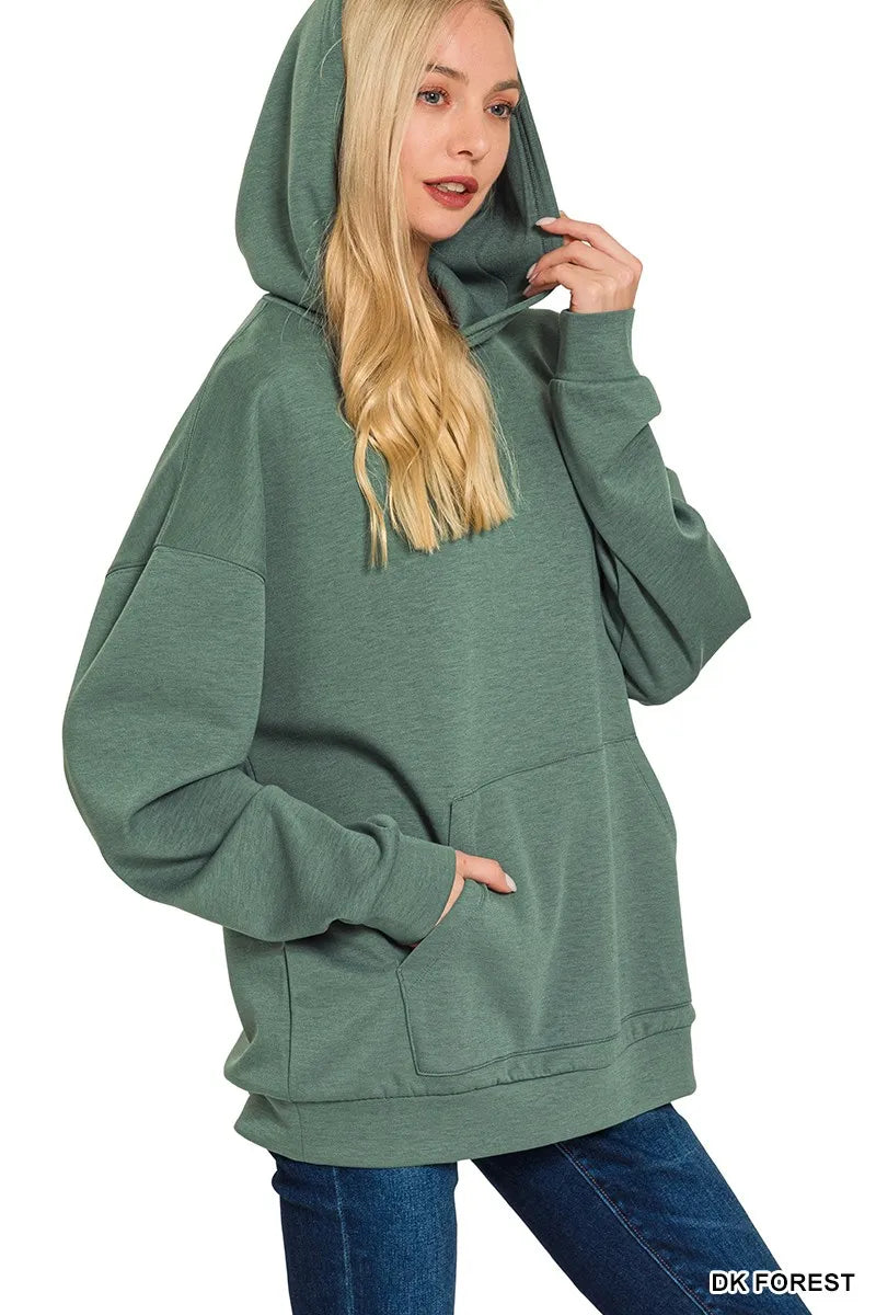 Zenana Oversized Scuba Hoodie with Kangaroo Pocket in Forest