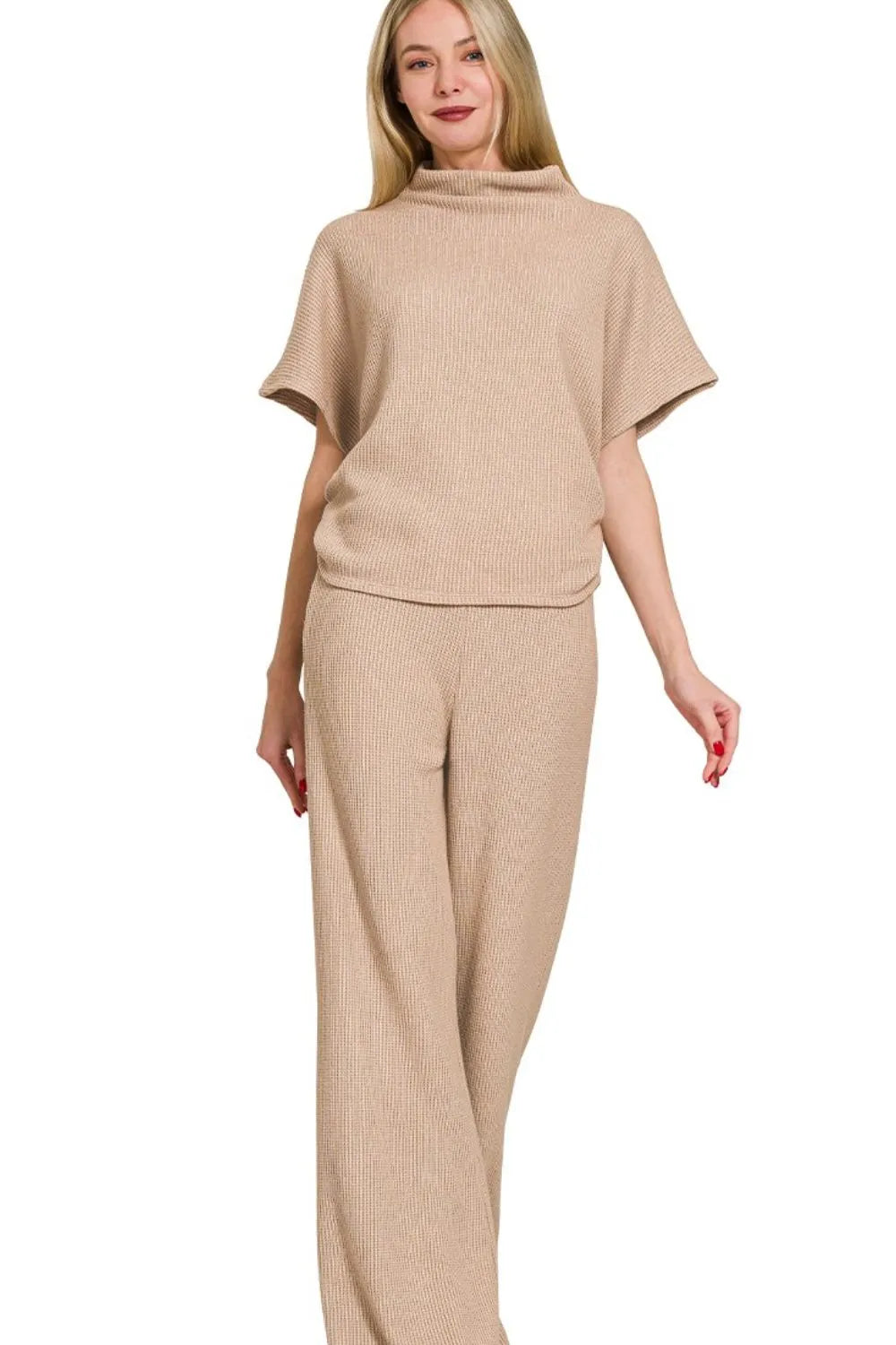 Zenana Sweater Mock Neck Top & Long Pants Set in Mocha