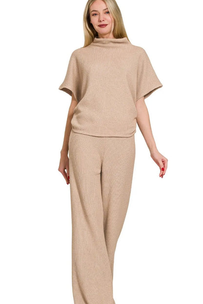 Zenana Sweater Mock Neck Top & Long Pants Set in Mocha