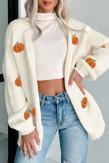 White Pumpkin Print Open Front Drop Shoulder Knit Cardigan