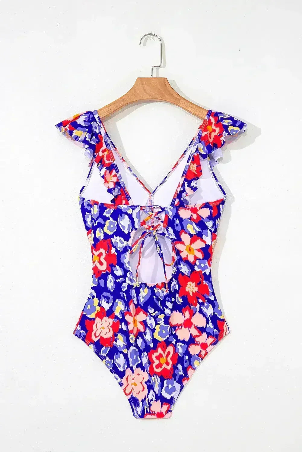 Pink Floral Ruffle Trim V Neck Backless One Piece Swimsuit