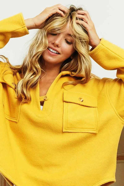 BiBi Fleece Collared Sweatshirt with Flap Pockets for Women